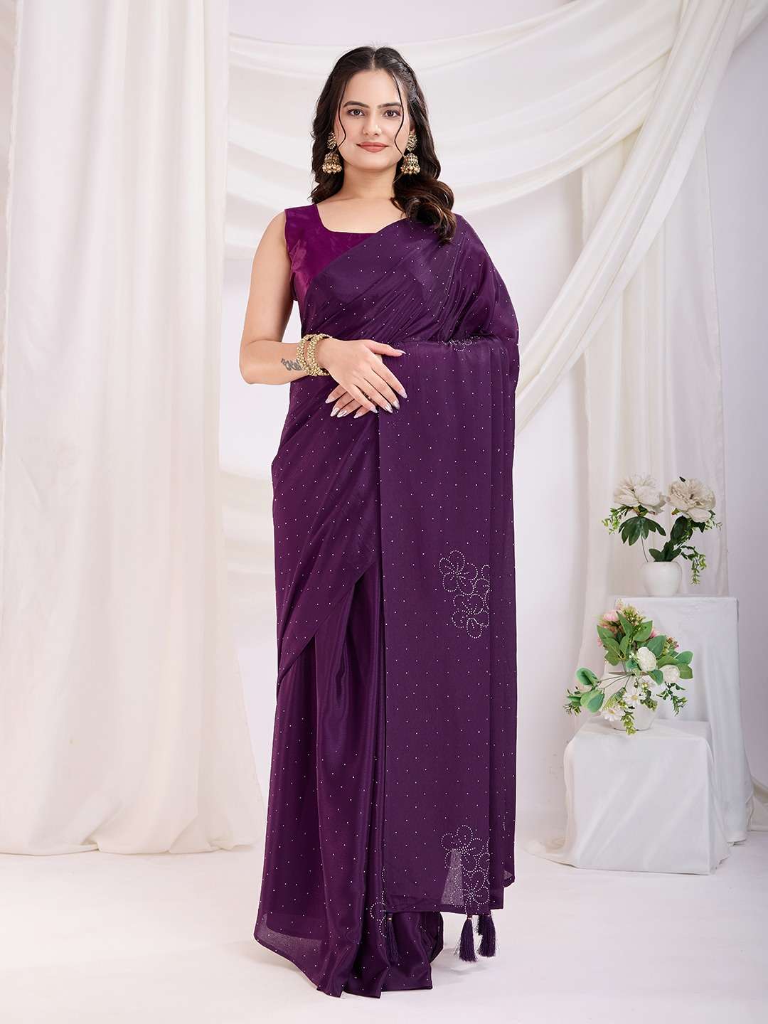 Ready to Wear Saree Fabric Purple - Rangoli Silk and Blouse - Mono Banglory - My Store