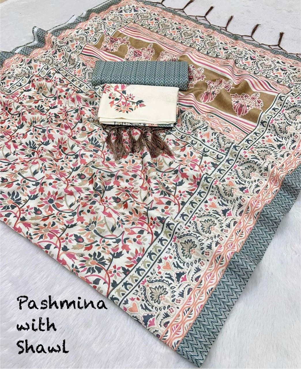 Silk Pure Pashmina Saree With Kashmiri Beautiful Digital Print - My Store